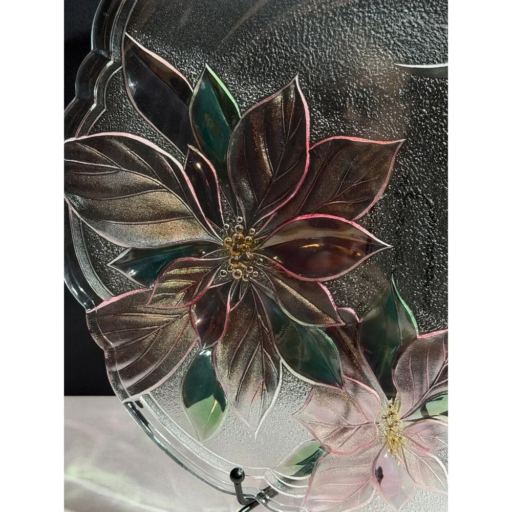 Mikasa Holiday Poinsettia Glass Platter Christmas Serving Plate Textured Floral